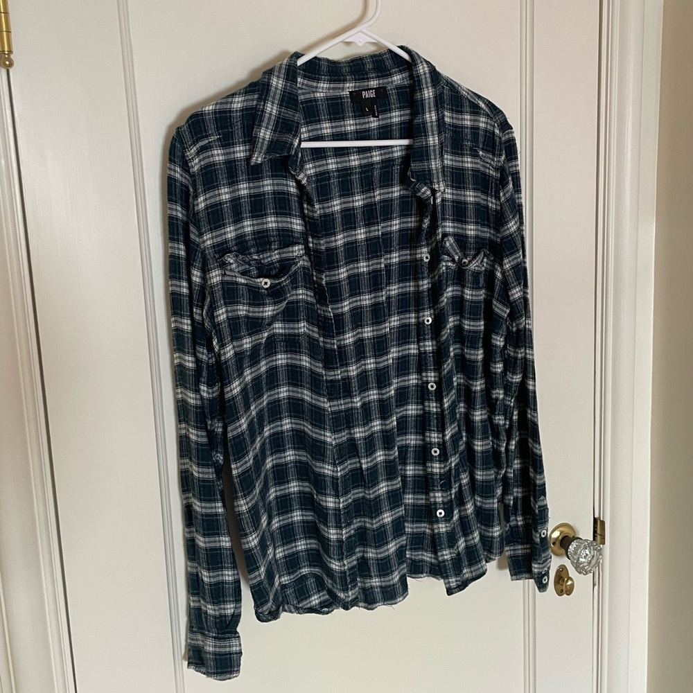 Green and white plaid Paige brand flannel! Size Large.